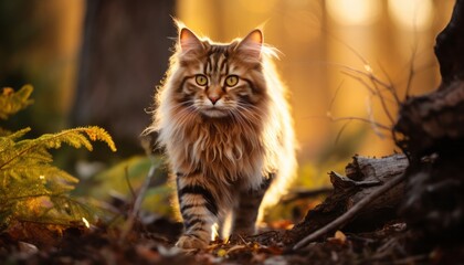 Naklejka na ściany i meble Photo of a cat exploring a vibrant autumn forest created with Generative AI technology