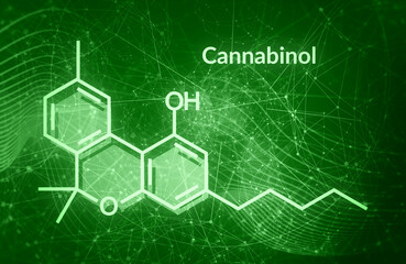 Cannabinol or CBN molecular structural chemical formula. Futuristic science backdrop. Pharmacology concept