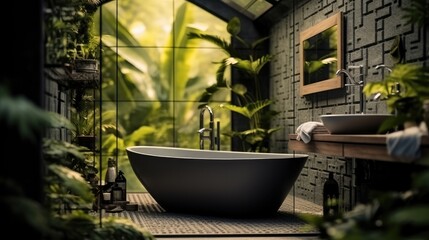 Obraz premium Modern bright bathroom and a variety of green plants of deep forest style.