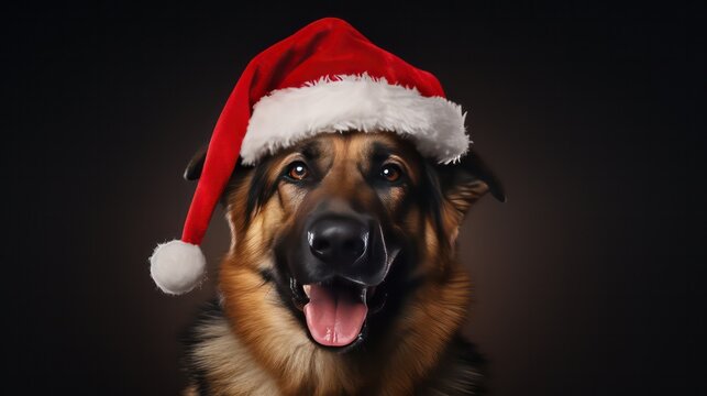 a photograph of cute happy smiling German Shepherd dog wearing santa clause costume generative ai