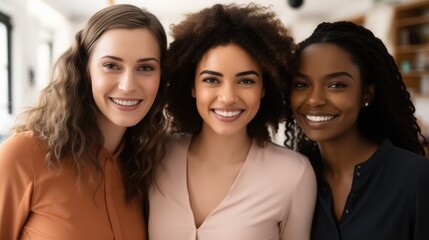 Obraz premium Group of multiethnic women friends smiling together in office, Happy diverse ethnic female colleagues coworkers show friendship at workplace.