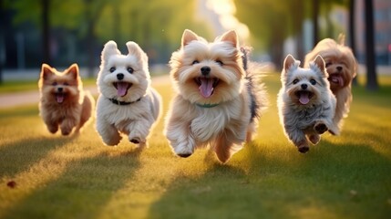 Cute dogs group running and playing in park.