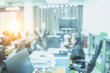 Modern business office without people with blurred bokeh background. tables, chairs, computers, officer building. Business blur in the workplace or work space of table work in office with computer.