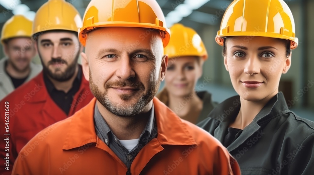 Poster group of factory workers at work in industry factory.