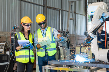 Team of Engineers is controlling robot arm machine welding steel, worker using forcing welding with a control screen which is used for precision welding control.