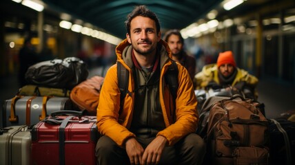 Fototapeta premium young man enjoying group travel sitting on all suitcases picturesque and colorful villages