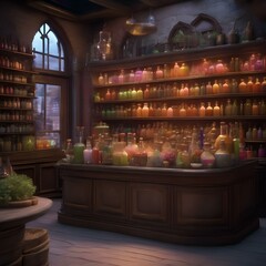 A mystical potion shop with shelves lined with bubbling, glowing concoctions made of edible ingredients1