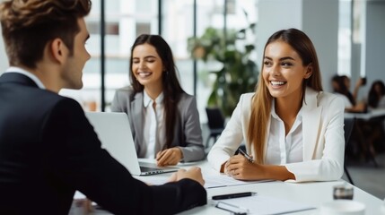 HR workers hiring candidates are making employment deals, Signing work contract after successful job interview.