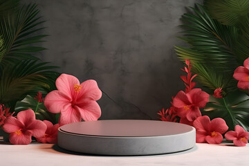 Stone podium platform in tropical flowers plants, For Presentation display cosmetics products branding, Empty minimal stage identity and packaging design, ai generate