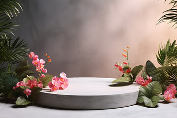 Stone podium platform in tropical flowers plants, For Presentation display cosmetics products branding, Empty minimal stage identity and packaging design, ai generate