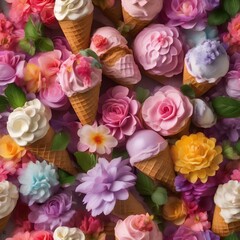 Obraz na płótnie Canvas A garden of ice cream flowers, where colorful scoops bloom on ice cream cone stems2