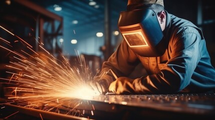 Male welder is welding metal at factory.