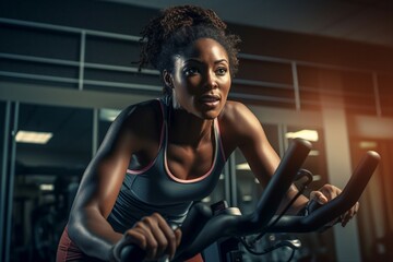 Home fitness haven: A fit African woman diligently cycling for exercise and well-being.
