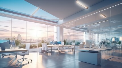 Modern office with panoramic windows and lights