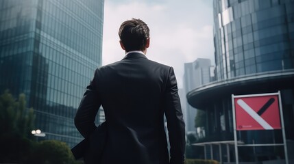 Fototapeta premium The back of a businessman looking towards the city