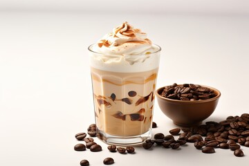 Iced Dalgona Coffee, glass with milk and coffee cream isolated on white background