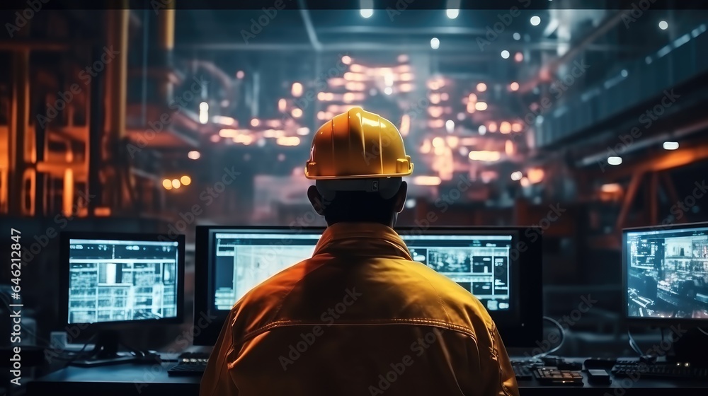 Poster engineer are working control machine on big screen monitor computer in industrial plant.