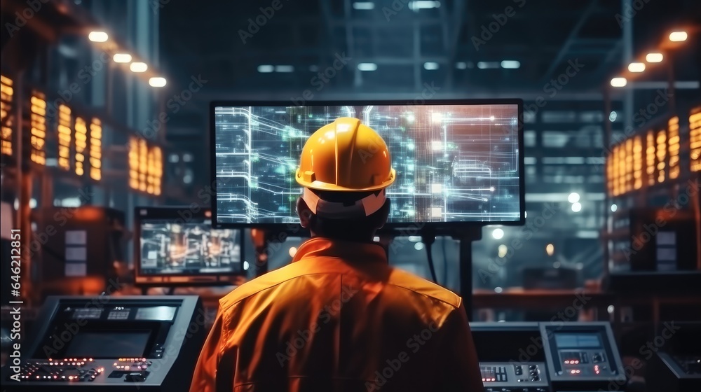Aufkleber engineer are working control machine on big screen monitor computer in industrial plant.