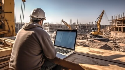 Architect using laptop at construction site.