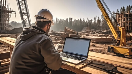 Architect using laptop at construction site.