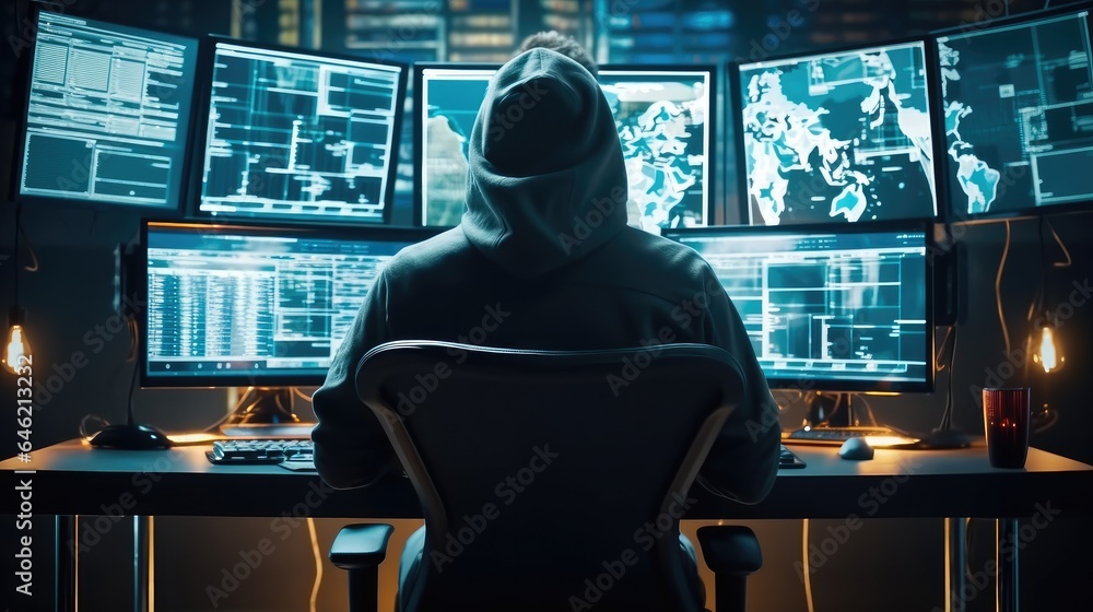 Leinwandbilder hacker sitting on chair doing hack behind multiple big screens, cyber security concept.