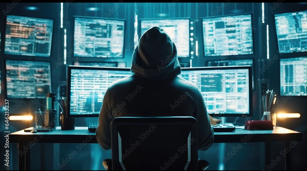 Aufkleber hacker sitting on chair doing hack behind multiple big screens, cyber security concept.