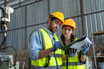 Team of Engineers is controlling robot arm machine welding steel, worker using forcing welding with a control screen which is used for precision welding control.
