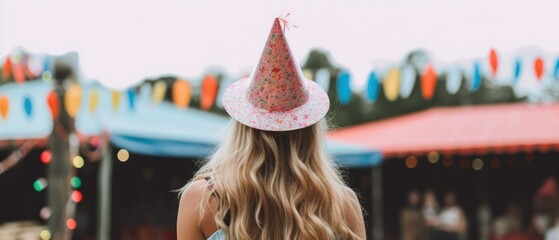 seen back view woman birthday party with balloons decoration 