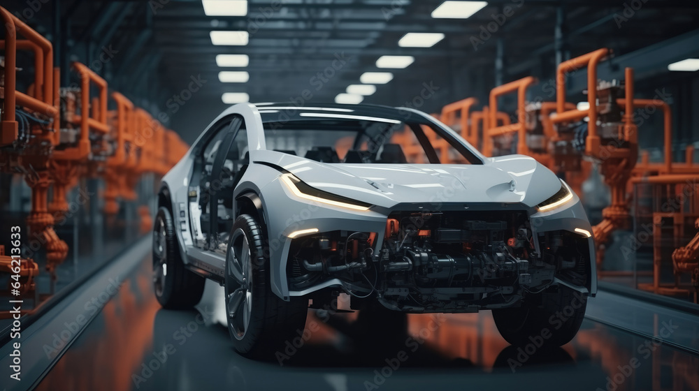 Poster industrial robots at the automatic car manufacturing factory assembly line.
