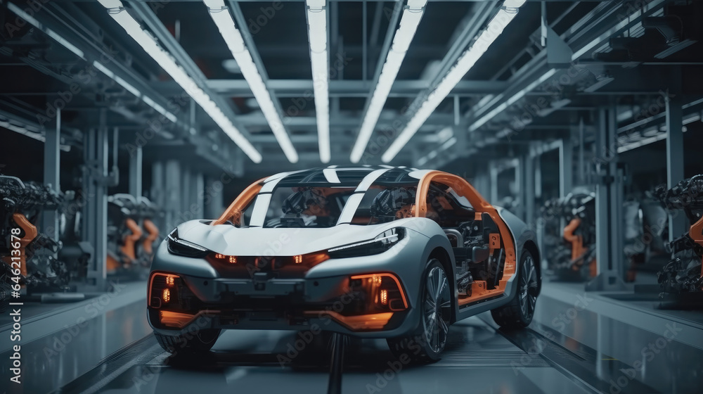 Poster industrial robots at the automatic car manufacturing factory assembly line.
