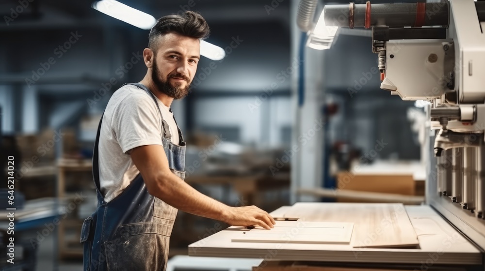 Wall mural Carpenter operating machine for wood processing at a furniture factory.