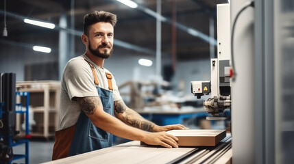 Carpenter worker using CNC Wood cutting machine in woodworking company.