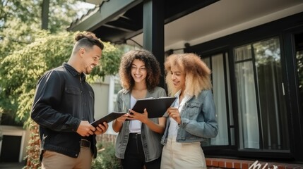 Smiling real estate agent showing documents to couple at new home.