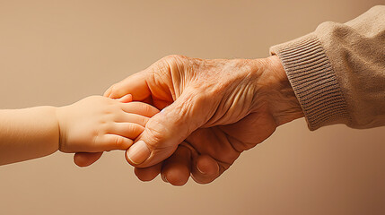 Image of an old man and a baby holding hands. - obrazy, fototapety, plakaty