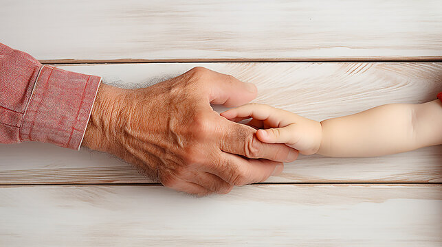 Image Of An Old Man And A Baby Holding Hands.