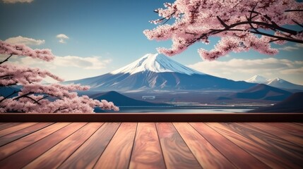 Wooden table with Fuji mountain and cherry blossom background.