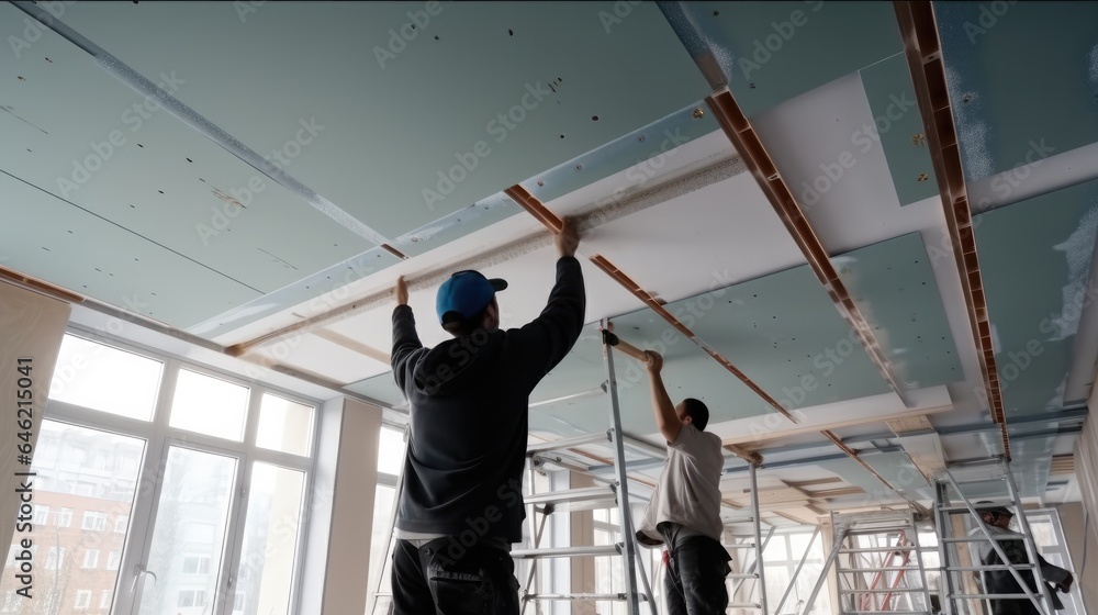 Poster workers installs a ceiling into frame of ceiling.