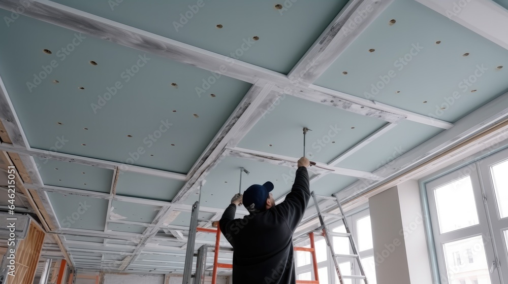 Aufkleber Workers installs a ceiling into frame of ceiling.