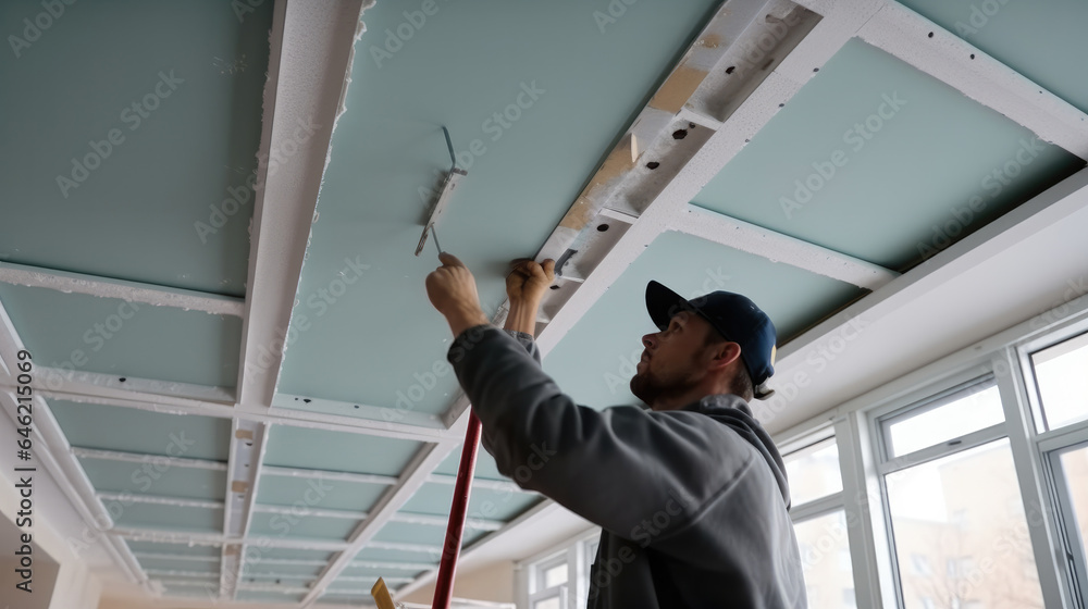 Poster workers installs a ceiling into frame of ceiling.