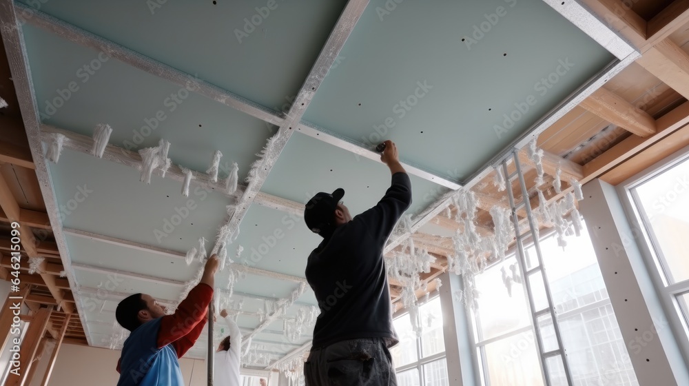 Aufkleber Workers installs a ceiling into frame of ceiling.