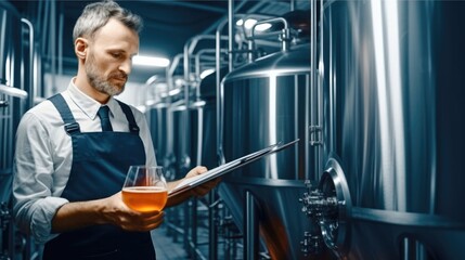 Man examining quality of craft beer at alcohol brewery manufacturing factory.