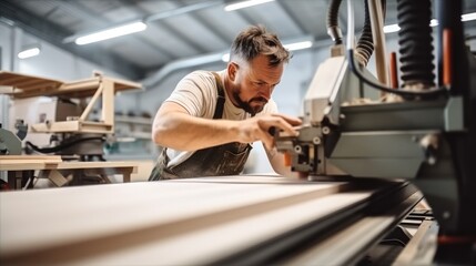 Fototapeta na wymiar Carpenter worker using CNC Wood cutting machine in woodworking company.