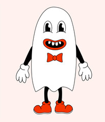 Retro Hippie Groovy Halloween Ghost cute boy. Vector flat.