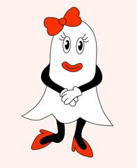Retro Hippie Groovy Halloween Ghost cute girl. Vector flat.