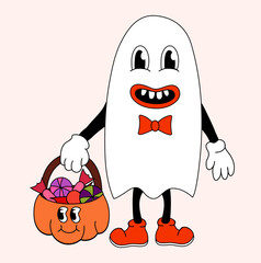Retro Groovy Halloween Ghost boy with pumpkin and sweets. Vector flat.