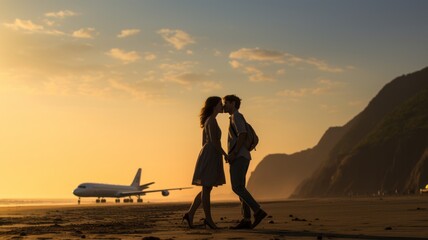couple landing on their honeymoon, very happy newlyweds traveling by plane on their dream vacation, man and woman, Mexico, Latin America