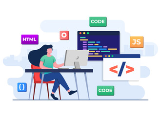 Web developer wiring code or program using laptop, Computer programming, Java, HTML symbols, Web design, Software, application design, programming languages, developing, website, programmer