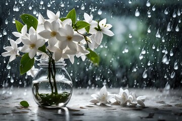 Rain-kissed petals of jasmine in vase.