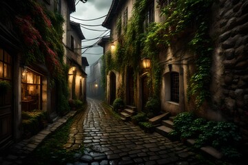 A cobblestone alley adorned with rain-soaked vines.