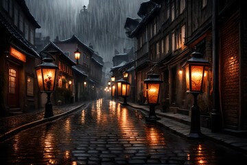 Rain-soaked cobblestone streets under vintage lanterns.